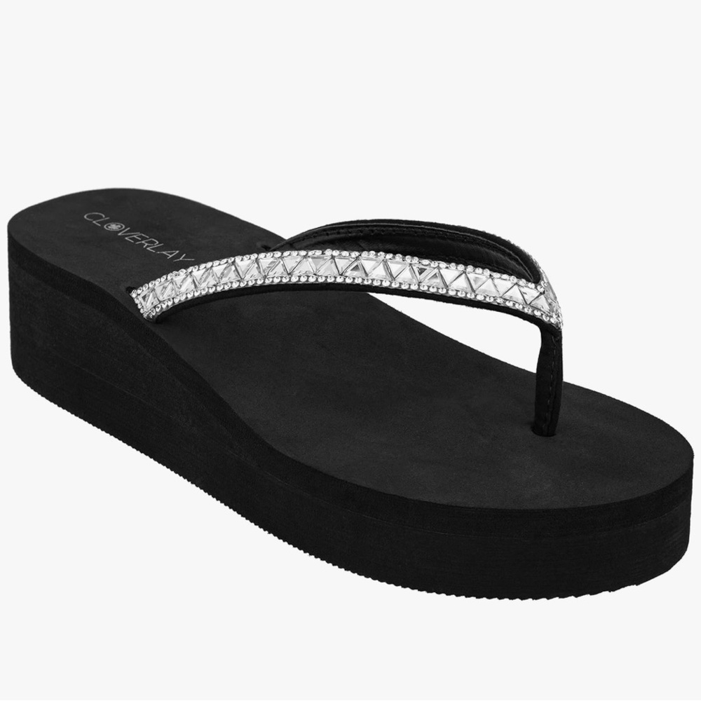 Black and Silver Platform Sandals with Rhinestone Embellishments